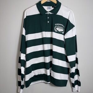 Chevrolet GM Mens Green White Striped Long Sleeve Rugby Polo Shirt Large NWT